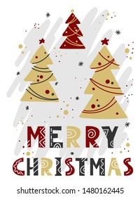 Merry Christmas greeting card with calligraphy and tree. Holiday lettering for invitation, prints and posters. Hand drawn design elements.