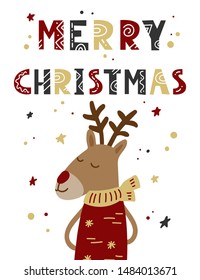 Merry Christmas greeting card with calligraphy and deer in sweater and scarf. Holiday lettering for invitation, prints and posters. Hand drawn design elements.