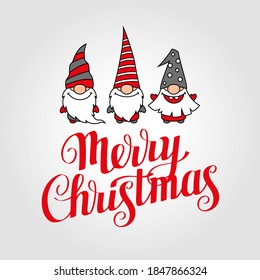 Merry Christmas greeting card with calligraphy and gnomes