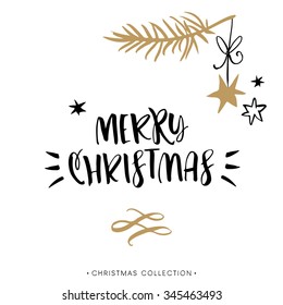 Merry Christmas! Christmas greeting card with calligraphy. Handwritten modern brush lettering. Hand drawn design elements.