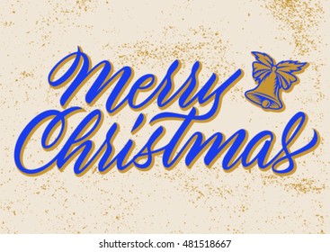 merry christmas greeting card, calligraphy, handwritten text, bell, background