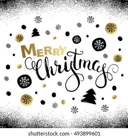 Merry Christmas greeting card with calligraphy. Handwritten modern brush lettering. Hand drawn design elements.