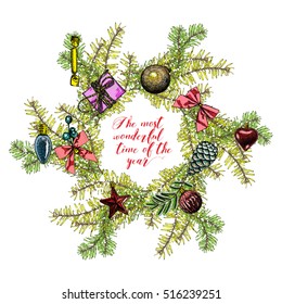 Merry Christmas. Christmas greeting card with calligraphy. The most wonderful time of the year,  handwritten modern brush lettering. Hand drawn design elements. Vector.