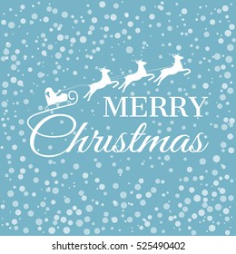 Merry Christmas greeting card with calligraphy. Abstract snow background with lettering and Santa on sleigh. Vector illustration.