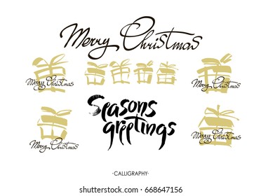 Merry Christmas greeting card with calligraphy. Set.  Vector logo, typography. Usable as banner, greeting card, gift package etc. Hand drawn design elements.Hand drawn design elements.