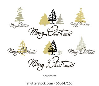  Merry Christmas greeting card with calligraphy. Set. Merry Christmas text design. Vector logo, typography. Usable as banner, greeting card, Christmas tree. Hand drawn design elements.