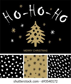 Merry Christmas greeting card with calligraphy. Hoho. Seamless patterns. Hand drawn design elements.