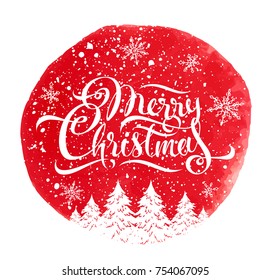 Merry Christmas - greeting card & calligraphy. White inscription merry christmas & snow snowflakes, white silhouettes of trees on red watercolor background