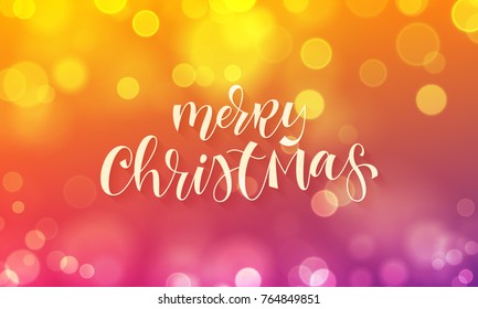 Merry Christmas greeting card calligraphy lettering on sparkling bokeh light or snowflakes glittering blur effect. Vector festive shine background for Christmas or New Year winter holiday quote design