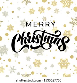 Merry Christmas Greeting Card Calligrpahy On Gold Glittering Snowflakes Pattern, Vector Winter Holidays Design. Xmas Greeting Text And Christmas Golden Snow Decoration On White Background