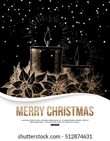 Merry Christmas greeting card with candles, vector illustration.