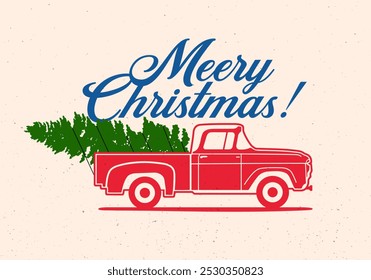 Merry Christmas greeting card. Car with a Christmas tree. Delivery concept. Trendy hand drawn illustration for season banner, poster, cover.