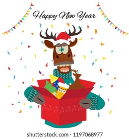 Merry Christmas greeting card in cartoon style. Cute deer character whith  gifts. Vector illustration can be used as poster, T-shirt design or home decor element.