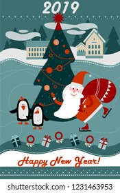 Merry Christmas greeting card with a cartoon penguins and funny skater Santa Claus