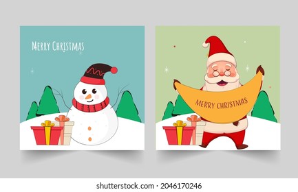 Merry Christmas Greeting Card With Cartoon Snowman, Santa Claus And Gift Boxes In Two Options.