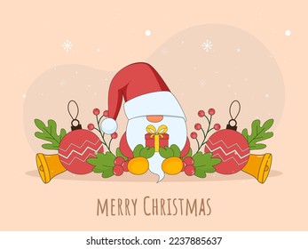 Merry Christmas Greeting Card With Cartoon Gnome Holding Gift Box And Festival Elements On Light Peach Background.