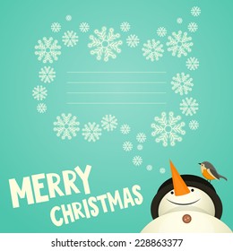 Merry Christmas Greeting Card with Cartoon Cute Snowman, Bird and snowflakes. Vector Illustration.