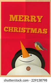 Merry Christmas Greeting Card with Cartoon Cute Snowman and Bird in Retro Style. Vector Illustration.