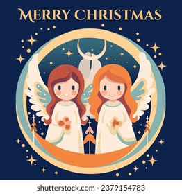 Merry Christmas Greeting Card with Cartoon Angels