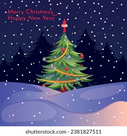 Merry Christmas greeting card. Cartoon Christmas tree nad snow vector illustrations for background, party invitation, website banner, social media banner, marketing material. New year illustration