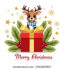 Merry Christmas Greeting Card with Cartoon Reindeer Character, Gift Box, Fir Leaves and Stars Decorated on White Background.