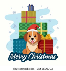 Merry Christmas Greeting Card with Cartoon Dog Character in Santa Hat and Gift Boxes on Snowflakes White Background.