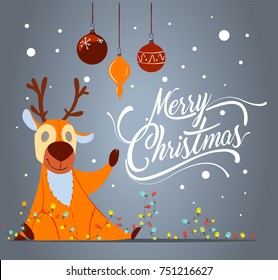 Merry Christmas greeting card in cartoon style. Cute deer character.