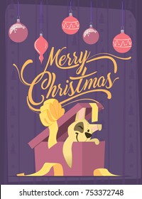 Merry Christmas greeting card in cartoon style. Cute dog character.
