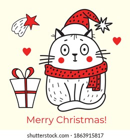 Merry Christmas. Greeting card with a cat in a red hat and a scarf with a gift and a Christmas star. Vector. Line, stroke. Cute sketch