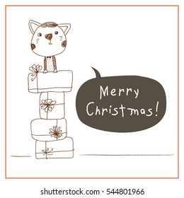Merry Christmas greeting card with cat, sketchy doodle style hand drawn seasonal vector illustration, for kids