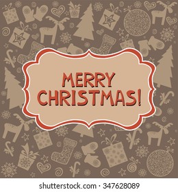 Merry Christmas. Christmas Greeting Card. Celebration Vintage background with Christmas tree, Christmas star, Christmas ball and place for your text. Vector Illustration