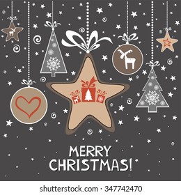 Merry Christmas. Christmas Greeting Card. Celebration Vintage background with Christmas tree, Christmas star, Christmas ball and place for your text. Vector Illustration