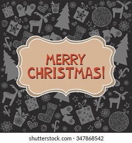 Merry Christmas. Christmas Greeting Card. Celebration Vintage background with Christmas tree, Christmas star, Christmas ball and place for your text. Vector Illustration