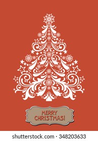 Merry Christmas. Christmas Greeting Card. Celebration Vintage background with Christmas tree and place for your text. Vector Illustration