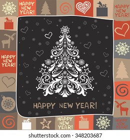 Merry Christmas. Christmas Greeting Card. Celebration Vintage background with Christmas tree, deer, gift box, ball and place for your text. Vector Illustration