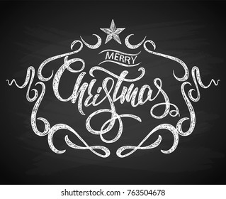 Merry Christmas Greeting Card with Chalk drawn Calligraphy lettering and background chalkboard