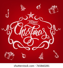 Merry Christmas Greeting Card with Chalk drawn Calligraphy lettering.