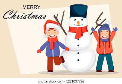 Merry Christmas greeting card with cheerful kids playing with snowman, cute cartoon characters. Usable for greeting card, poster, flyer. Vector illustration