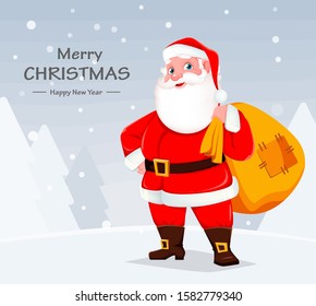 Merry Christmas greeting card with cheerful Santa Claus. Cute Santa holding big sack with presents. Vector illustration with winter forest on background