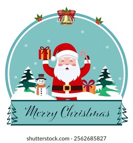 Merry Christmas Greeting Card with Cheerful Santa Claus Character, Snowman, Gifts and Snowy Tree Illustration.