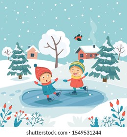 Merry christmas greeting card with children ice skating. Cute vector illustration in flat style