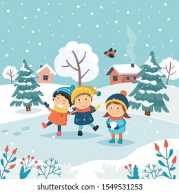 Merry christmas greeting card with children playing with snow. Cute vector illustration in flat style