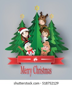 Merry Christmas Greeting Card With Children Wearing Fancy Dress Cute  ,paper Art And  Digital Craft Style.