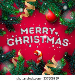 Merry Christmas greeting card with Chrirstmas decor fir twigs and confetti, vector illustration.