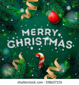 Merry Christmas greeting card with Chrirstmas decor fir twigs and confetti, vector illustration.