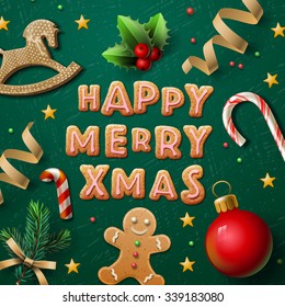 Merry Christmas greeting card with Chrirstmas decor gingerbread man, cookies, confetti, vector illustration.