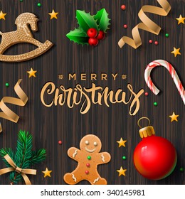 Merry Christmas greeting card with Chrirstmas decor gingerbread man, cookies, candy, vector illustration.