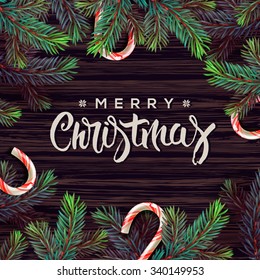 Merry Christmas greeting card with Chrirstmas decor, vector illustration.