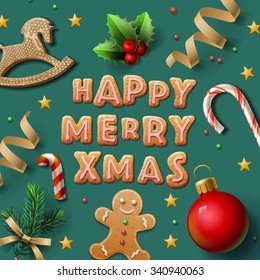 Merry Christmas greeting card with Chrirstmas decor gingerbread man, cookies, confetti, vector illustration.