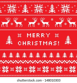 Merry Christmas greeting card with classical winter sweater design - - deer, snowflake and christmas tree